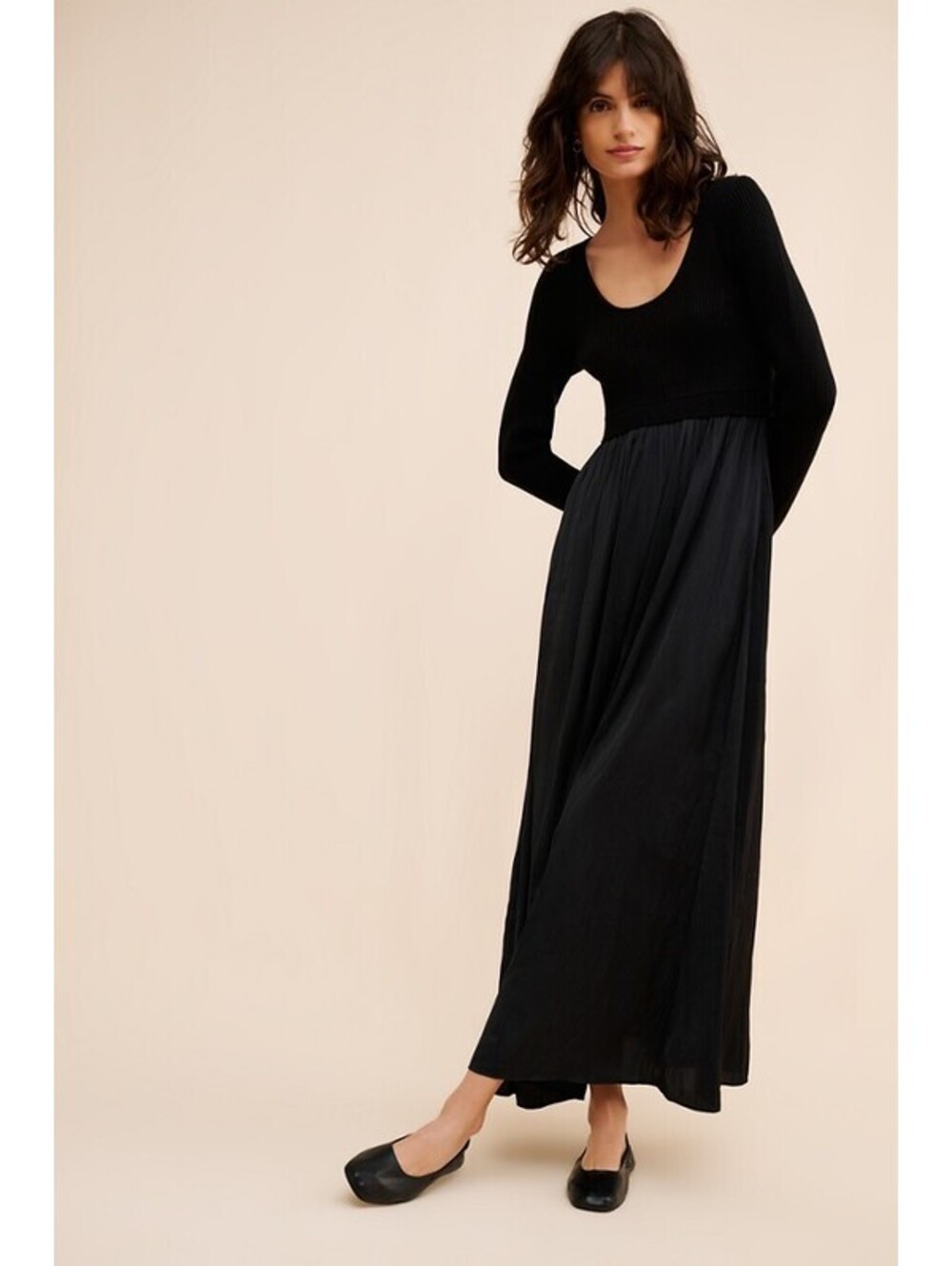 Anthropologie - Black Twofer Sweater Long Sleeve Knit Maxi Dress, Size S
